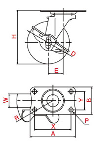 SUS-E-S型板式万向轮（带挡块）脚轮的外形图